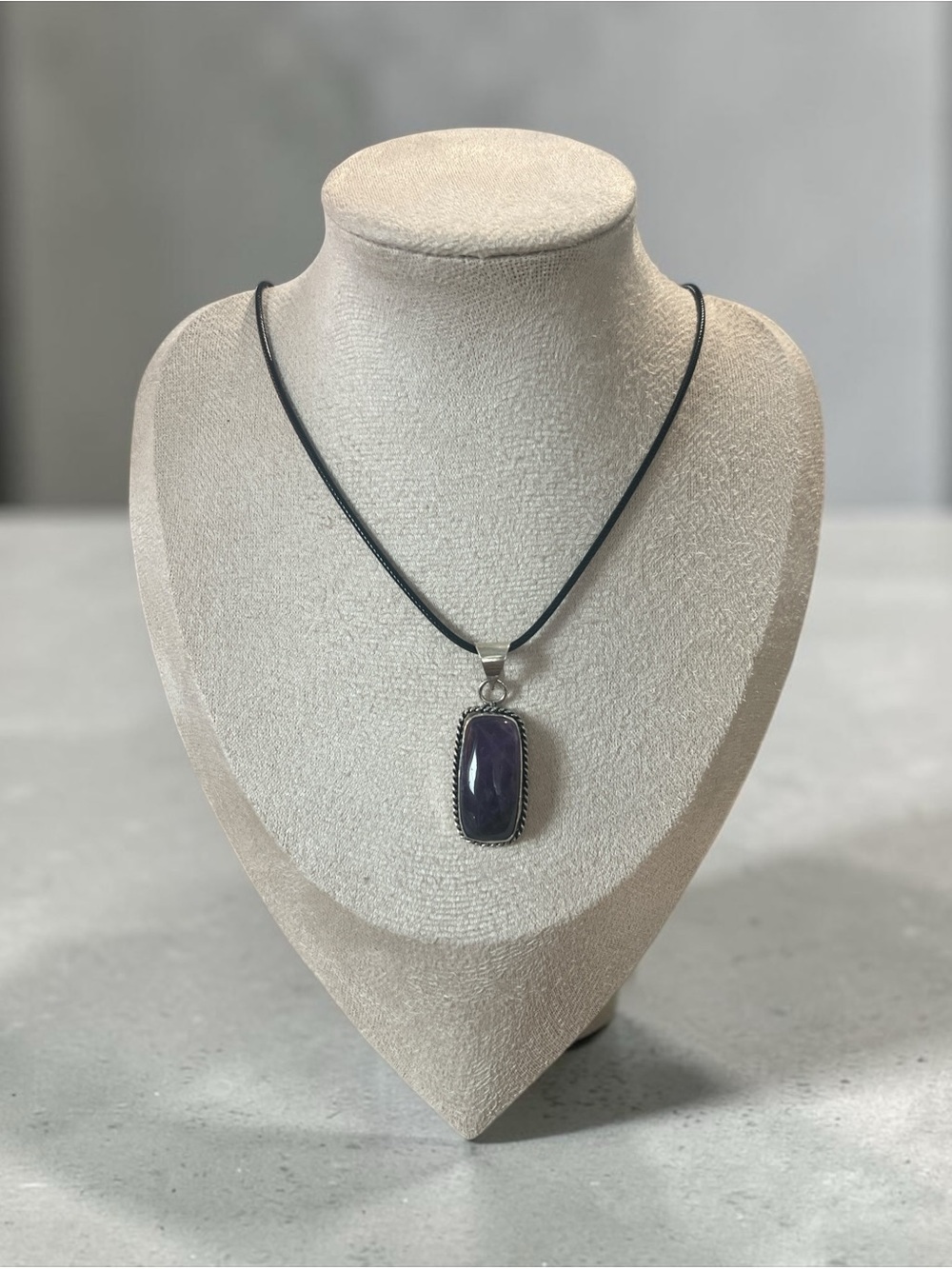 Handcrafted Purple Stone Pendant Necklace on Black Cord